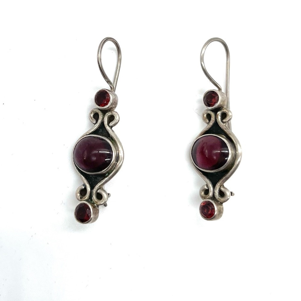 925 Silver Earrings with Red Garnet Stone 1.5 inches Length
